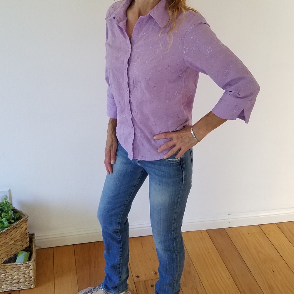 Button Down ¾ Sleeve Lilac Eyelet Blouse